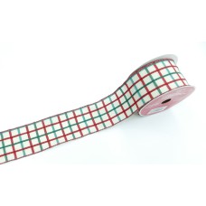 2.5 Inch Ivory Plaid Wired Christmas Ribbon With Red and Green Horizontal and Vertical Stripes, 25 Feet Per Spool (Lot of 1 Spool) SALE ITEM